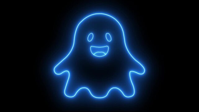 Neon blue glowing ghost character animation, cute spooky halloween spirit on black background .4K Animated Cute Ghost Floating Cartoon Loop on black Screen