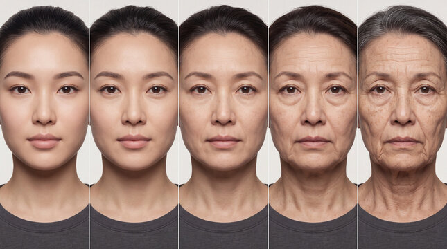 Asian woman face aging transformation timeline showing skin wrinkles and aging process