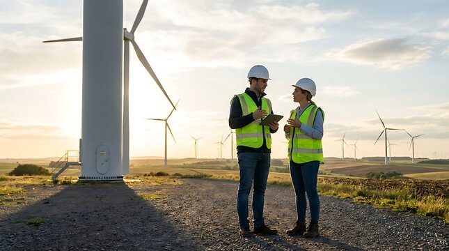 Engineers discussing maintenance and energy production at a large scale wind turbine farm under a sunset sky for sustainable power