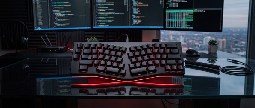 Ergonomic Mechanical Keyboard with Red LED Backlight on Developer Desk Setup. Concept of gaming keyboard, programming.