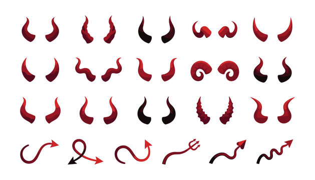 Red Devil Horns and Tail Vector Set with Satanic Horn Variations, Demon Pitchfork, and Evil Monster Elements for Halloween Party and Fantasy Costume Graphic Designs