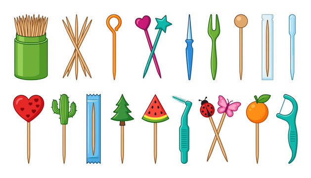 Colorful Wooden Toothpick and Party Food Pick Vector Set with Toothpick Holder, Dental Floss, and Decorative Cocktail Skewers for Catering, Dental Care, and Event Designs