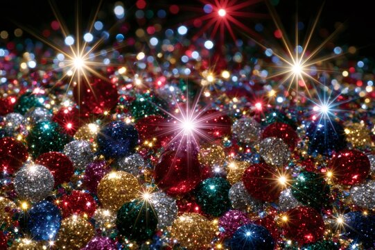 Glittering christmas ornaments with sparkling bokeh lights background