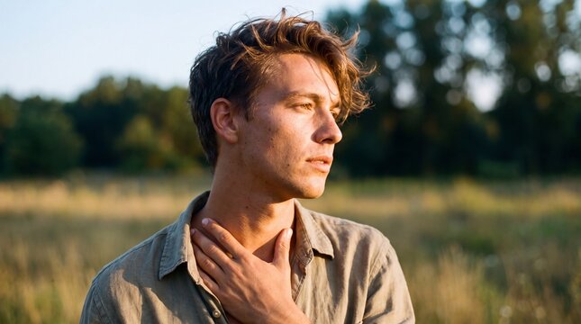 Young man with hand on neck gazing into the distance in a field at sunset with looking away thoughtfully sunlit field