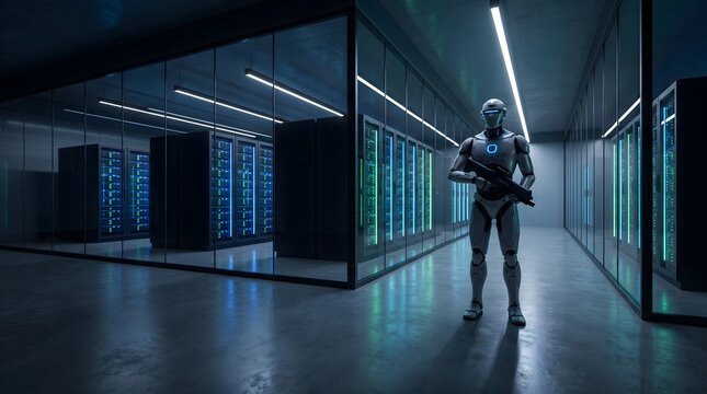 Futuristic robot standing inside a modern server room
