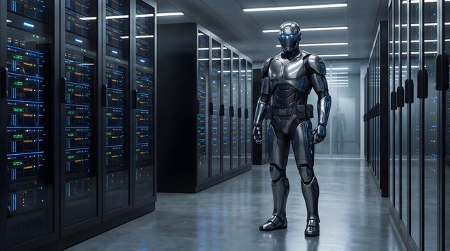 Futuristic robot standing inside a modern server room