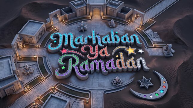 Marhaban Ya Ramadan lettering crowns a moonlit architectural courtyard with colorful stars, lanterns, paths, and arches