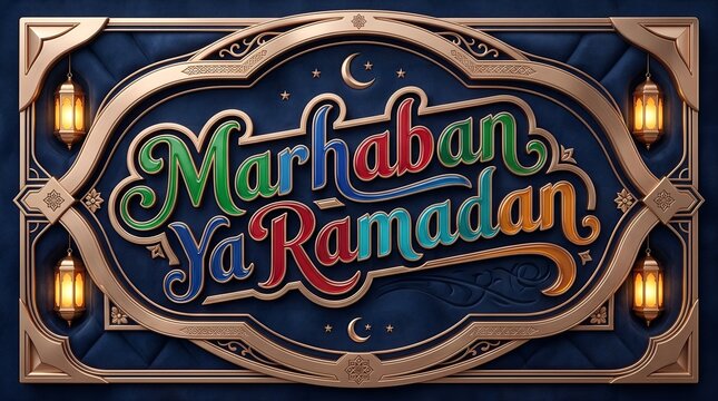 Marhaban Ya Ramadan lettering fills a navy textile frame accented by golden trim, crescents, stars, and glowing lanterns