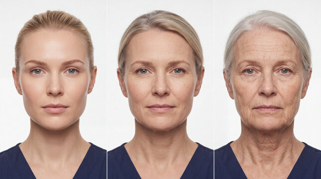 Scandinavian woman face showing skin aging progression stages from youth to late maturity