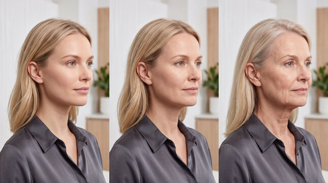Woman aging progression profile portraits showing facial transformation from youth to senior adult stages