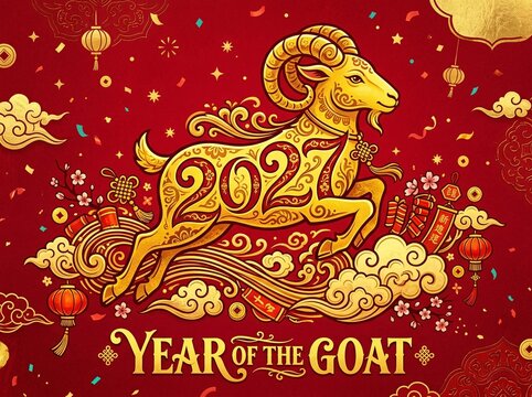 2027 year of the goat lunar new year golden decorative design with horoscope