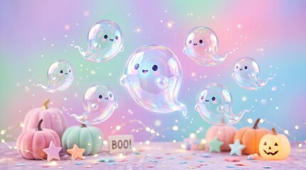 Naklejka premium Playful ghostly figures surrounded by vibrant pumpkins and sparkling effects create a fun halloween atmosphere