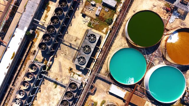 Top down aerial view of round storage tanks and ventilation fans. Circular reservoirs contain turquoise and green water alongside rows of cooling fans and metal pipes.