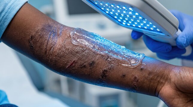 Dark skinned patient receiving blue light LED therapy for skin lesions and scars on the arm
