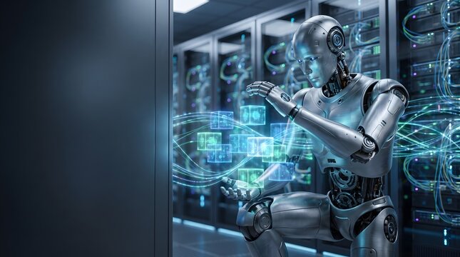 Humanoid robot working in a modern server room data center