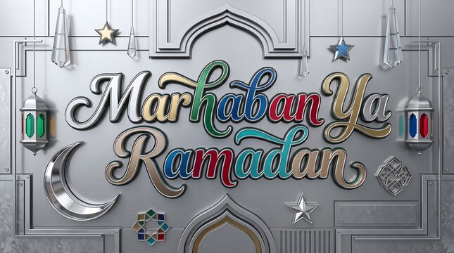 Silver ornamental panel featuring Marhaban Ya Ramadan with lanterns, crescents, stars, crystals, and metallic details