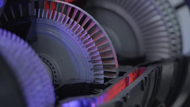 Close-up axial turbine rotor with radial blade rows lit by purple and red accent lights inside industrial machinery bay, with turbine, rotor, blade, compressor detail