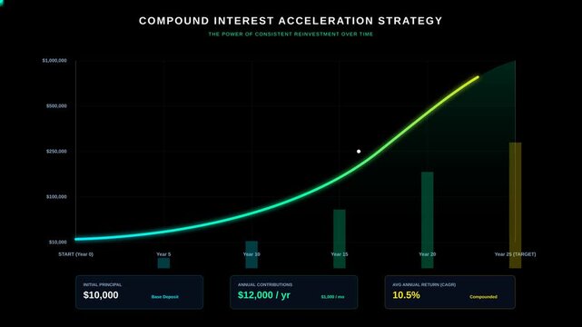 Detailed Chart Demonstrating the Principles of Compound Interest Acceleration Strategy Over Time with Clear Growth Projections and Visualizations