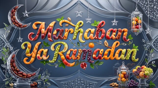 Fruit based Marhaban Ya Ramadan lettering fills a dark blue ornamental panel with dates, grapes, citrus, leaves, and stars