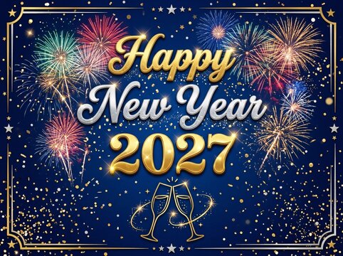 Happy new year 2027 gold greeting with fireworks champagne glasses and confetti