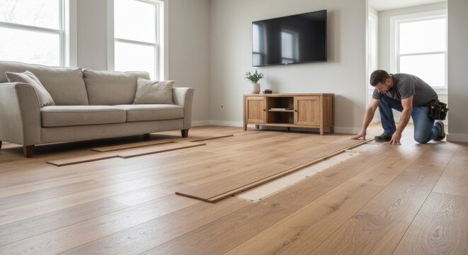 Man installing wood flooring in a living room; couch, TV, and cabinets are also present