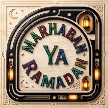 Marhaban Ya Ramadan arranged around a central monogram on cream stone with black arches, stars, and glowing lanterns