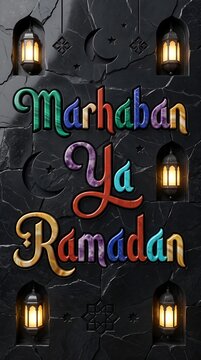 Colorful mineral Marhaban Ya Ramadan lettering fills a dark carved stone frame with glowing lanterns, stars, and arches