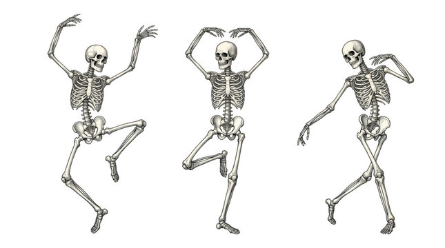A trio of detailed anatomical human skeletons depicted in elegant and fluid ballet dancing poses, isolated against a solid black background in a vintage style.