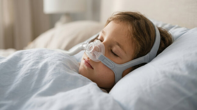 Child sleeping with cpap mask in bed undergoing sleep apnea medical treatment