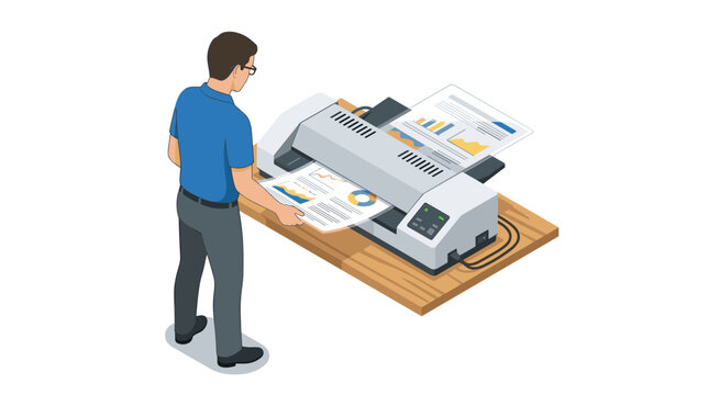 Professional operating large format printer with business charts