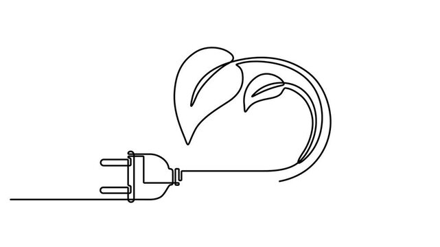Animated self drawing of Continuous one line drawing of Eco friendly power plug, green energy symbol, sustainable electricity, renewable power icon, Full length one line animation. 4K video