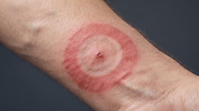Close up of erythema migrans target rash on human arm indicating Lyme disease or tick bite