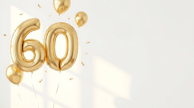 60th birthday celebration background with gold foil balloons and confetti