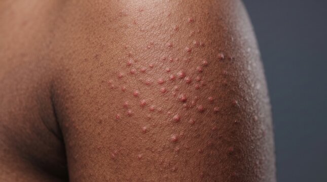 Close up of keratosis pilaris chicken skin or heat rash bumps on African American dark skin shoulder