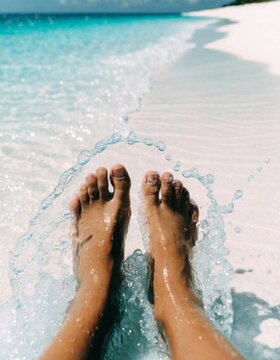 View of bare feet resting in soft white sand as gentle turquoise waves lap at the shore creating a serene atmosphere perfect for a relaxing beach getaway and enjoyable travel experience