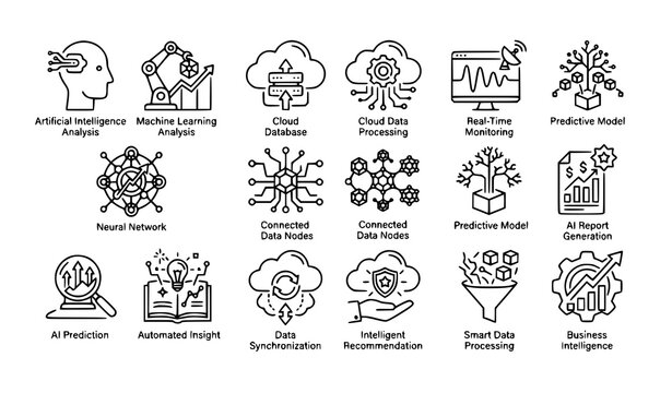Data analysis statistics insights and business intelligence 15 line icons vector set