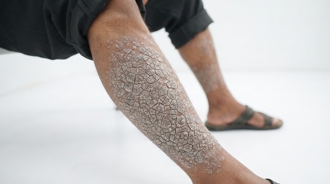 Close up of a patient's leg covered in severely dry, cracked, and scaly skin indicating ichthyosis or severe eczema