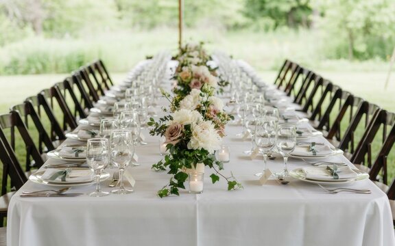 Elegant long banquet table set for formal outdoor celebration with floral centerpieces with formal place settings under tent tablecloths floral arrangements
