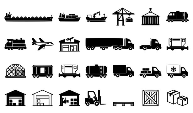 Global Freight Cargo Sea Air Road Rail Transportation Filled Outline Icons