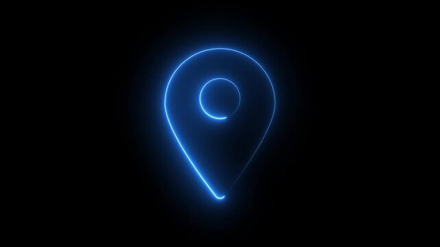 Glowing blue neon map pin animation on black background, for navigation and, location services