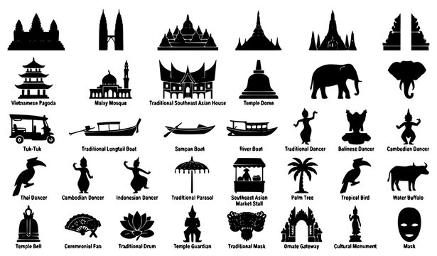 Southeast Asian Landmarks Culture Temples Elephants and Travel Silhouette Icons