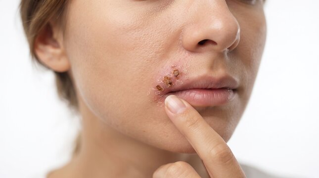 Close up of a woman touching a crusted cold sore, herpes simplex virus, or impetigo infection on her upper lip