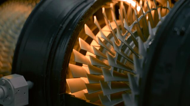 Close view of axial turbine interior with illuminated blade rows inside circular casing and warm orange light, with turbine, blade, rotor, housing detail, showing casing, fan, engine, metal context
