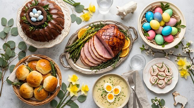Traditional Easter dinner feast with glazed ham, bread rolls, deviled eggs, and colorful dyed eggs on table