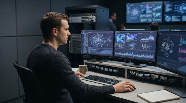 Analyst Monitoring Cybersecurity Data on Multiple Computer Screens in Control Room. Technology Security Operations Cente