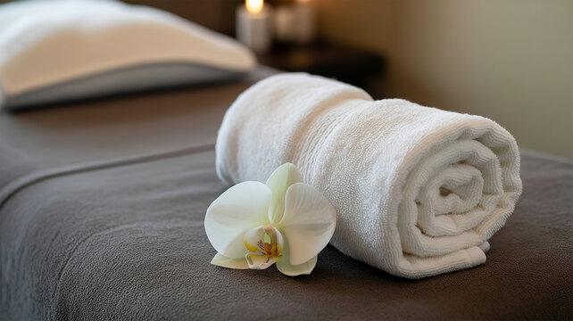 White orchid and rolled towel on spa massage table