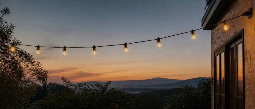 Outdoor patio string lights illuminate at dusk with a scenic mountain view