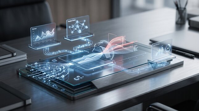 Futuristic digital data dashboard interface hovering over a sleek office desk