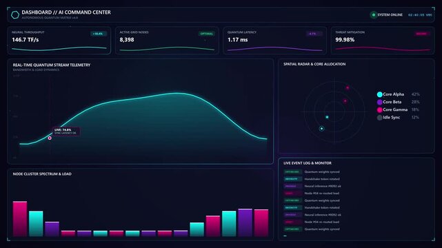 Futuristic AI data dashboard showing quantum computing telemetry metrics