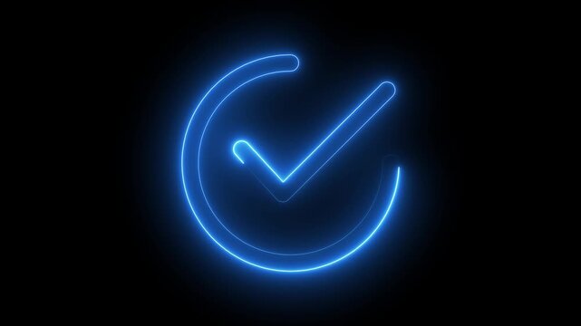 Neon blue checkmark loading animation on black background, digital success symbol tick